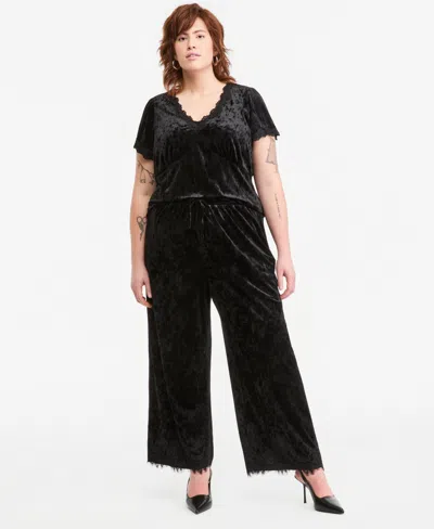 And Now This Plus Size Velvet Lace-trim Wide-leg High-waisted Pants, Macy's Exclusive In Black
