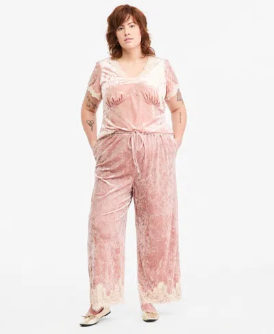 And Now This Plus Size Velvet Lace-trim Wide-leg High-waisted Pants, Macy's Exclusive In Pink