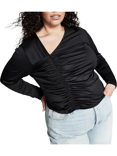 And Now This Plus Womens Ruched Gathered Pullover Top In Black
