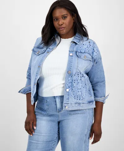And Now This Trendy Plus Cutwork Button-front Denim Jacket, Exclusively At Macy's