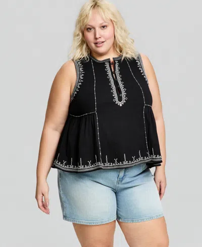 And Now This Trendy Plus Embroidered Cotton Sleeveless Top, Macy's Exclusive In Black