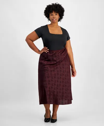 And Now This Trendy Plus Bow Print Satin Maxi Skirt, Created For Macy's In Deep Merlot