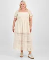 And Now This Trendy Plus Puff-sleeve Lace-trim Midi Dress, Exclusively At Macy's In Beige