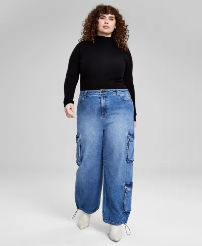 And Now This Trendy Plus Size Bungee-cuff Cargo Jeans, Exclusively At Macy's In Med Wash