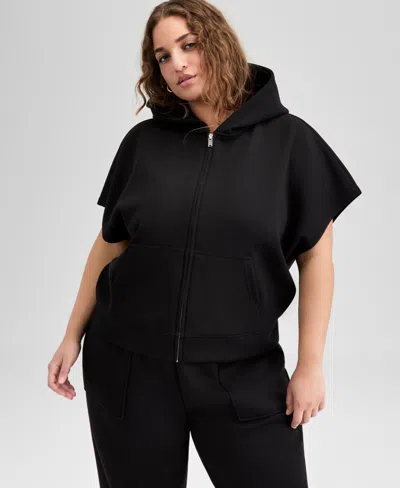 And Now This Trendy Plus Size Cap-sleeve Scuba-knit Hoodie, Exclusively At Macy's In Black