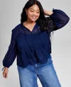 And Now This Trendy Plus Size Clip-dot Button-front Top, Exclusively At Macy's In Indigo Batik