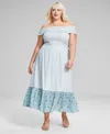 And Now This Trendy Plus Size Cotton Off-the-shoulder Smocked Dress, Created For Macy's In Ocean Surf Print