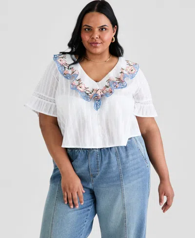 And Now This Trendy Plus Size Cotton Ruffled V-neck Top, Macy's Exclusive In White