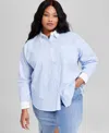 And Now This Trendy Plus Size Cotton Striped Contrast Shirt, Exclusively At Macy's In Blue,white