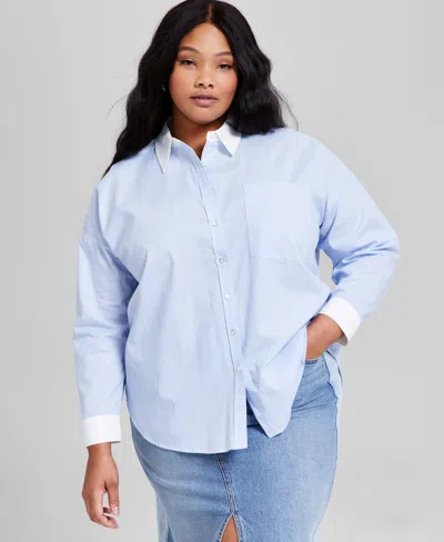 And Now This Trendy Plus Size Cotton Striped Contrast Shirt, Exclusively At Macy's In Blue,white