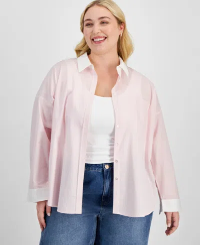 And Now This Trendy Plus Size Cotton Striped Contrast Shirt, Exclusively At Macy's In Coral Blush