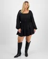 And Now This Women's Embroidered Blouson-sleeve Fit & Flare Dress, Macy's Exclusive In Black