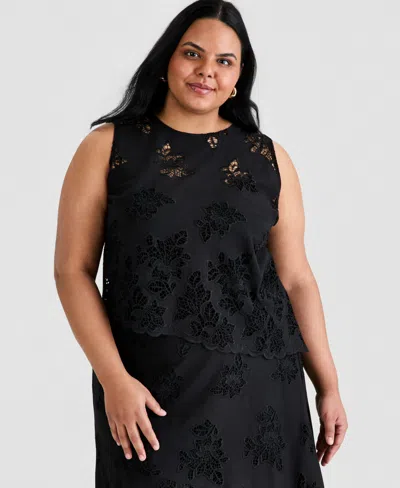And Now This Trendy Plus Size Embroidered Cotton Asymmetric Top, Macy's Exclusive In Black