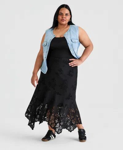 And Now This Trendy Plus Size Embroidered Cotton Midi Skirt, Macy's Exclusive In Black