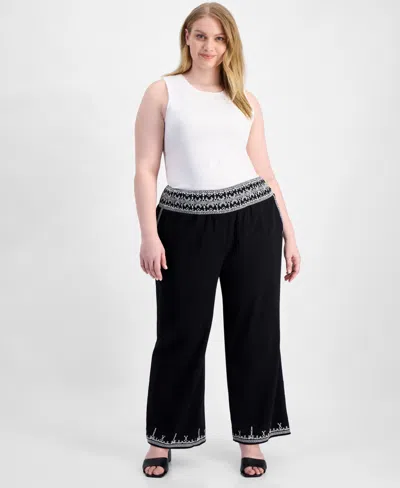 And Now This Trendy Plus Size Embroidered Cotton Wide Leg Pants, Macy's Exclusive In Black