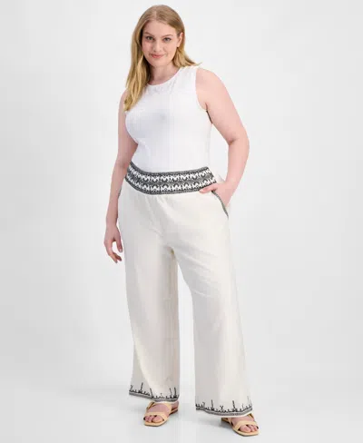 And Now This Trendy Plus Size Embroidered Cotton Wide Leg Pants, Macy's Exclusive In White