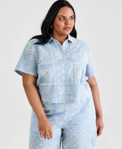 And Now This Trendy Plus Size Embroidered Short-sleeve Shirt, Macy's Exclusive In Blue