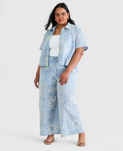 And Now This Trendy Plus Size Embroidered Wide Leg Jeans, Macy's Exclusive In Blue