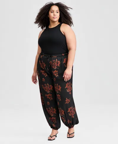 And Now This Trendy Plus Size Floral Balloon-leg Drawstring Pants, Macy's Exclusive In Black