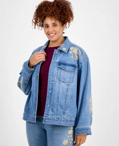 And Now This Trendy Plus Size Floral-embroidered Jacket, Exclusively At Macy's In Blue