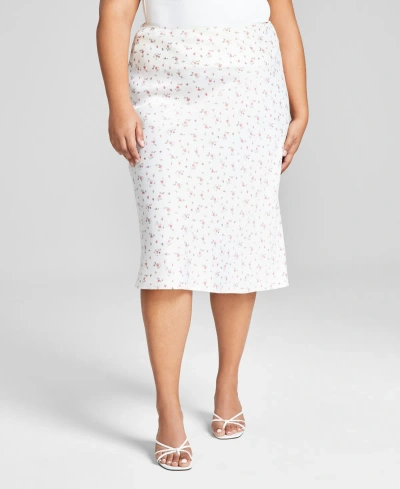And Now This Now This Trendy Plus Size Blazer Second Skin Muscle T Shirt Floral Print Midi Skirt In Cream Floral