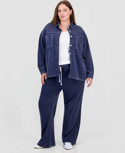 And Now This Trendy Plus Size French Terry Lounge Wide-leg Pants, Macy's Exclusive In Indigo Batik