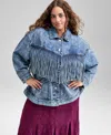 And Now This Trendy Plus Size Fringe-trim Cotton Denim Jacket, Macy's Exclusive In Blue