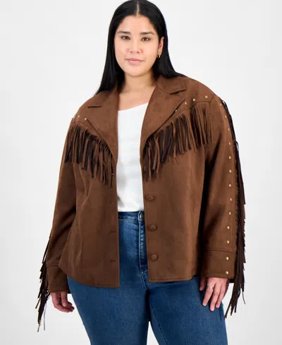 And Now This Trendy Plus Size Fringed Faux-suede Jacket, Macy's Exclusive In Brown