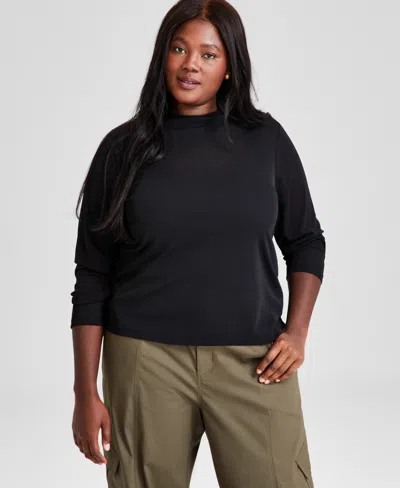 And Now This Trendy Plus Size Funnel-neck Long-sleeve Top, Created For Macy's In Black