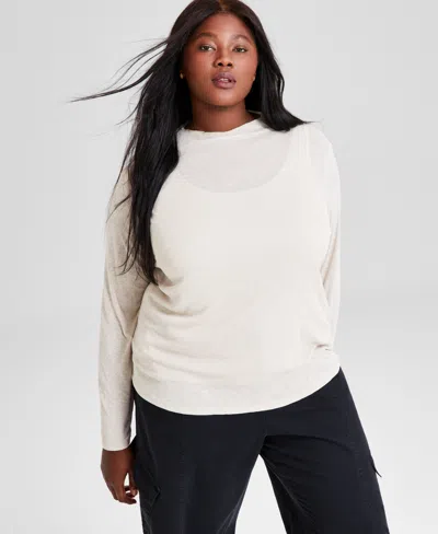 And Now This Trendy Plus Size Funnel-neck Long-sleeve Top, Created For Macy's In Stone