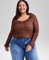And Now This Trendy Plus Size Lace Ruffle-trim Crop Top, Macy's Exclusive In Brown