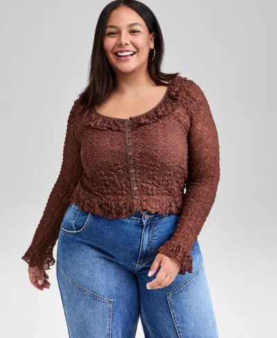 And Now This Trendy Plus Size Lace Ruffle-trim Crop Top, Macy's Exclusive In Brown
