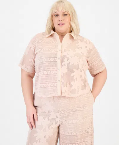 And Now This Trendy Plus Size Lace Short-sleeve Camp Shirt, Macy's Exclusive In Neutral