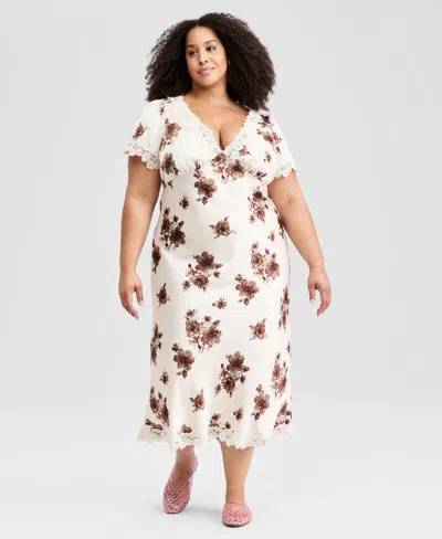 And Now This Trendy Plus Size Lace-trim Floral Satin Midi Dress, Macy's Exclusive In Multi