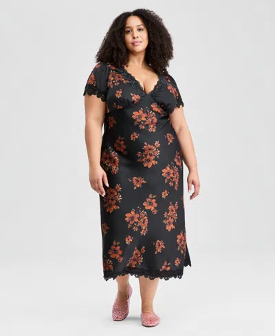 And Now This Trendy Plus Size Lace-trim Floral Satin Midi Dress, Macy's Exclusive In Black