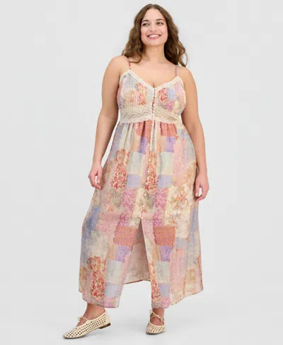 And Now This Trendy Plus Size Lace-trim Patchwork-print Maxi Dress, Macy's Exclusive In Multi