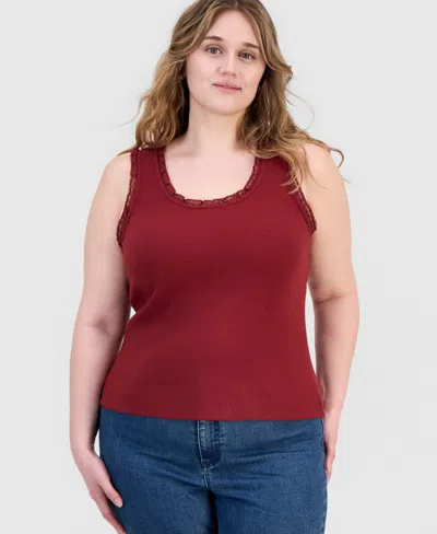 And Now This Trendy Plus Size Lace-trim Tank Top, Macy's Exclusive In Burgundy