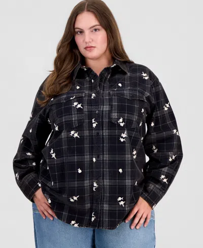 And Now This Trendy Plus Size Long-sleeve Plaid Cord-embroidered Blouse, Macy's Exclusive In Blue
