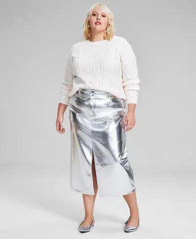 And Now This Trendy Plus Size Metallic Midi Skirt, Created For Macy's In Silver