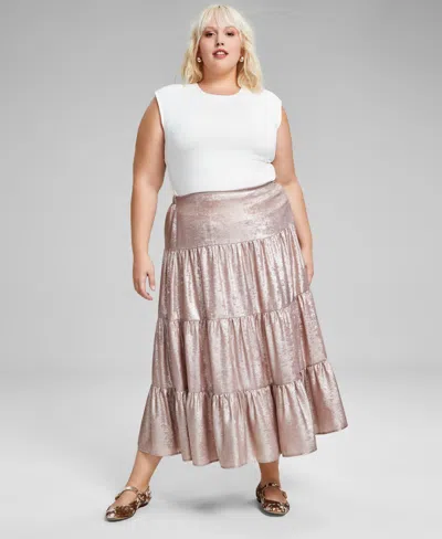 And Now This Trendy Plus Size Metallic Tiered Skirt, Created For Macy's In Rose Metallic
