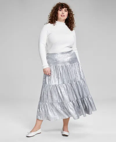 And Now This Trendy Plus Size Metallic Tiered Skirt, Created For Macy's In Silver Metallic