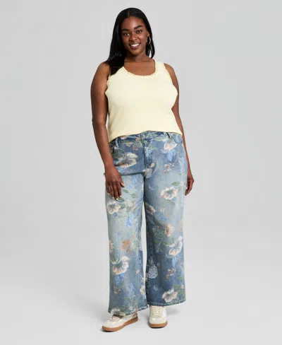 And Now This Trendy Plus Size Painted Floral Print Jeans, Macy's Exclusive In Blue