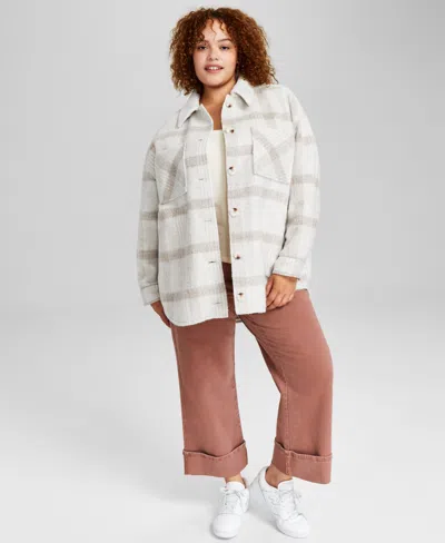 And Now This Trendy Plus Size Plaid Shirt Jacket, Created For Macy's In Neutral Plaid