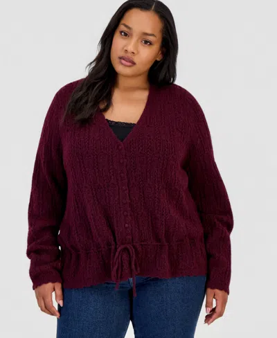 And Now This Trendy Plus Size Pointelle Drawstring Cardigan, Macy's Exclusive In Burgundy