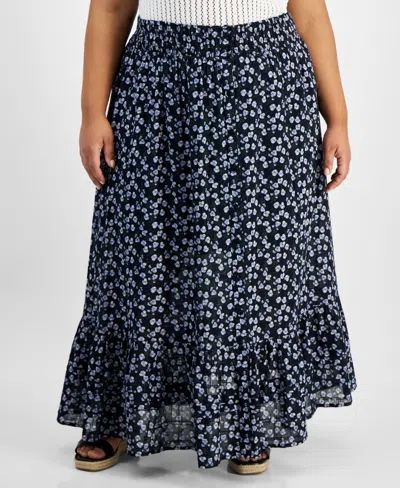 And Now This Trendy Plus Size Printed Button-front Maxi Skirt In Black Floral