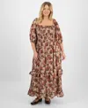And Now This Trendy Plus Size Printed Puff-sleeve Maxi Dress, Macy's Exclusive In Brown