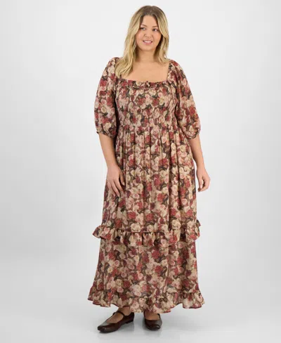 And Now This Trendy Plus Size Printed Puff-sleeve Maxi Dress, Macy's Exclusive In Brown