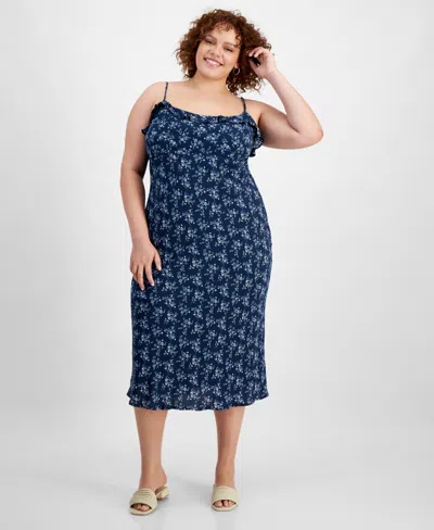 And Now This Trendy Plus Size Printed Ruffle-trim Midi Dress In Navy Floral