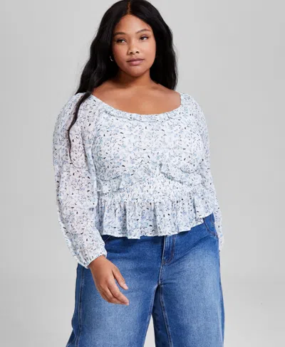And Now This Trendy Plus Size Printed Ruffled Blouson-sleeve Top, Exclusively At Macy's In Blue Print