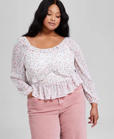 And Now This Trendy Plus Size Printed Ruffled Blouson-sleeve Top, Exclusively At Macy's In Pink Print